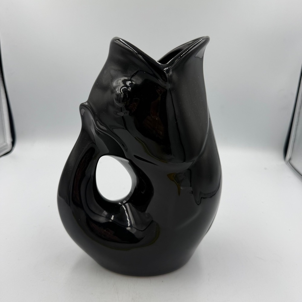 GurglePot Black Ceramic Fish Pitcher 9" Seattle WA 2006 Gloss Glaze